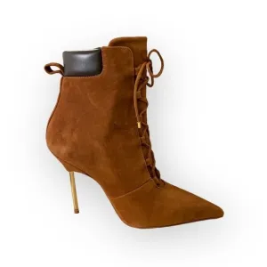 NIB Good American Suede Tobacco Scandal Lace Up Booties -Size 7