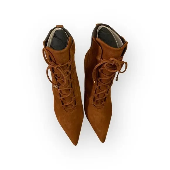 NIB Good American Suede Tobacco Scandal Lace Up Booties -Size 7