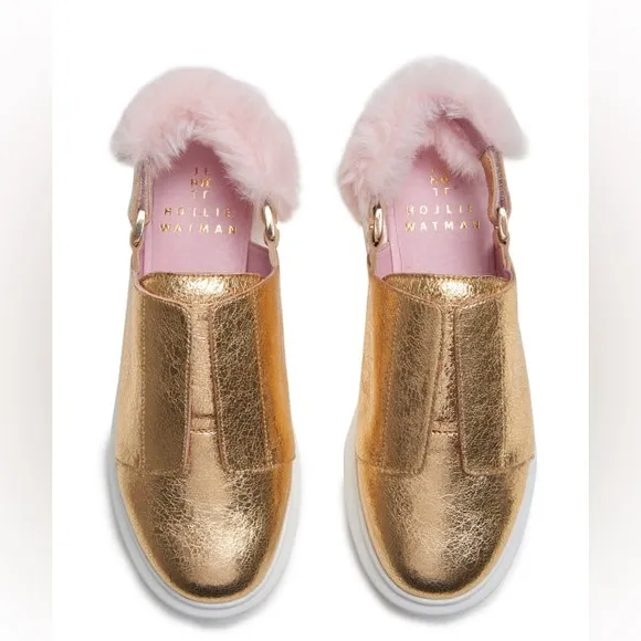 NIB HOLLIE WATMAN GOLD LEATHER SLINGBACK SNEAKER SHOES W/ FAUX FUR WOMENS SIZE 9