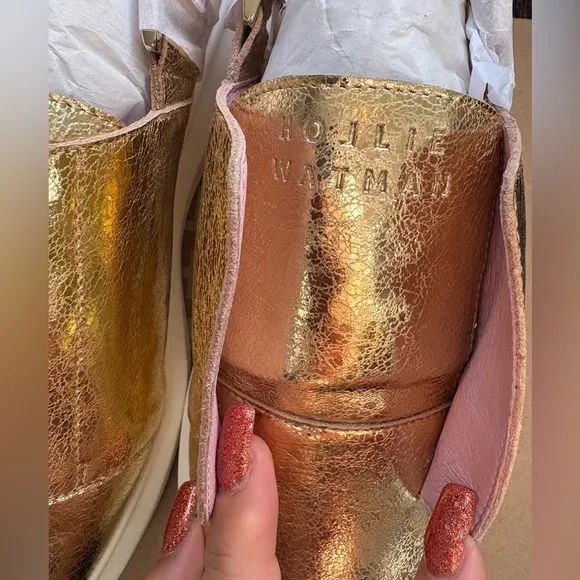 NIB HOLLIE WATMAN GOLD LEATHER SLINGBACK SNEAKER SHOES W/ FAUX FUR WOMENS SIZE 9