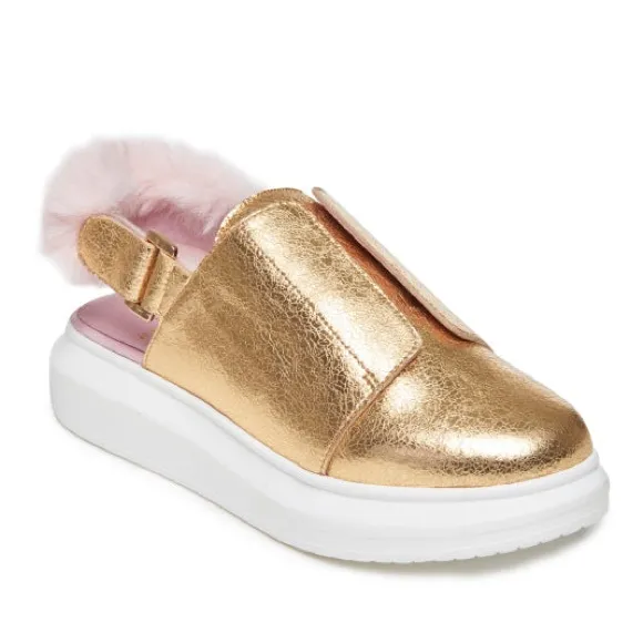 NIB HOLLIE WATMAN GOLD LEATHER SLINGBACK SNEAKER SHOES W/ FAUX FUR WOMENS SIZE 9
