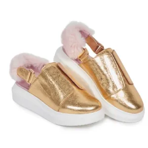 NIB HOLLIE WATMAN GOLD LEATHER SLINGBACK SNEAKER SHOES W/ FAUX FUR WOMENS SIZE 9