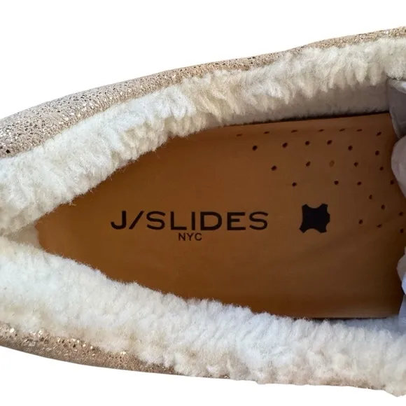 NIB J/Slides NYC NADA Gold Metallic Suede Faux Fur Lined Slip On Shoes