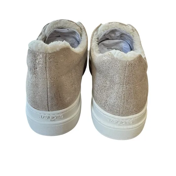 NIB J/Slides NYC NADA Gold Metallic Suede Faux Fur Lined Slip On Shoes
