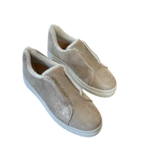 NIB J/Slides NYC NADA Gold Metallic Suede Faux Fur Lined Slip On Shoes