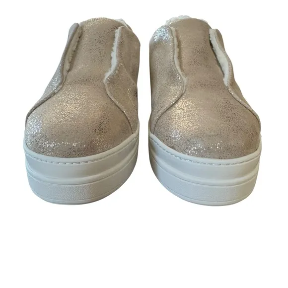 NIB J/Slides NYC NADA Gold Metallic Suede Faux Fur Lined Slip On Shoes