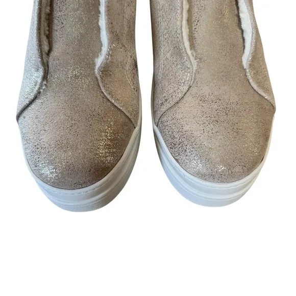 NIB J/Slides NYC NADA Gold Metallic Suede Faux Fur Lined Slip On Shoes