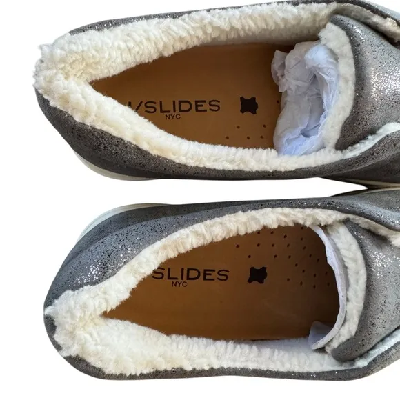 NIB J/Slides NYC NADA Pewter Metallic Suede Faux Fur Lined Slip On Shoes