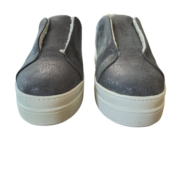 NIB J/Slides NYC NADA Pewter Metallic Suede Faux Fur Lined Slip On Shoes