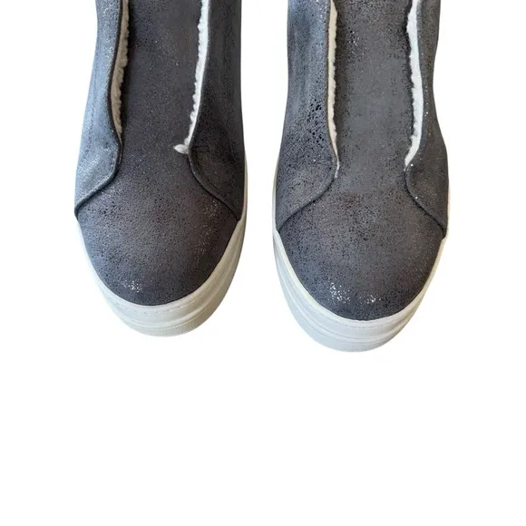 NIB J/Slides NYC NADA Pewter Metallic Suede Faux Fur Lined Slip On Shoes