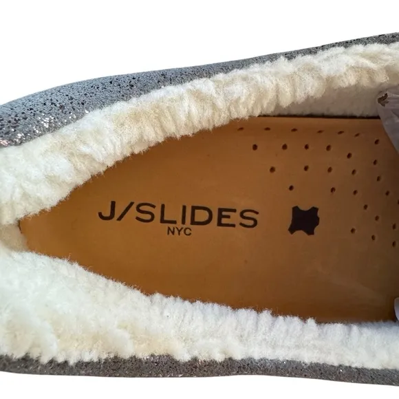 NIB J/Slides NYC NADA Pewter Metallic Suede Faux Fur Lined Slip On Shoes