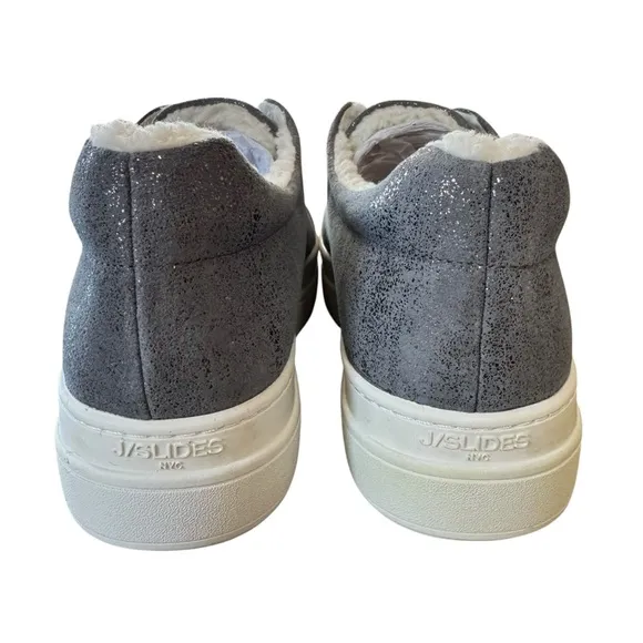 NIB J/Slides NYC NADA Pewter Metallic Suede Faux Fur Lined Slip On Shoes