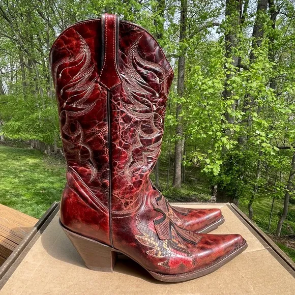 NIB NWOT Stetson Handcrafted Leather &amp; Python Cowboy Boots, Wing &amp; Cross Overlay