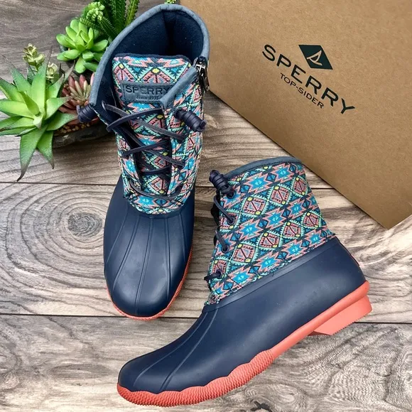 NIB Sperry Saltwater Serape Textile Geometric Navy Waterproof Duck Rain Boots