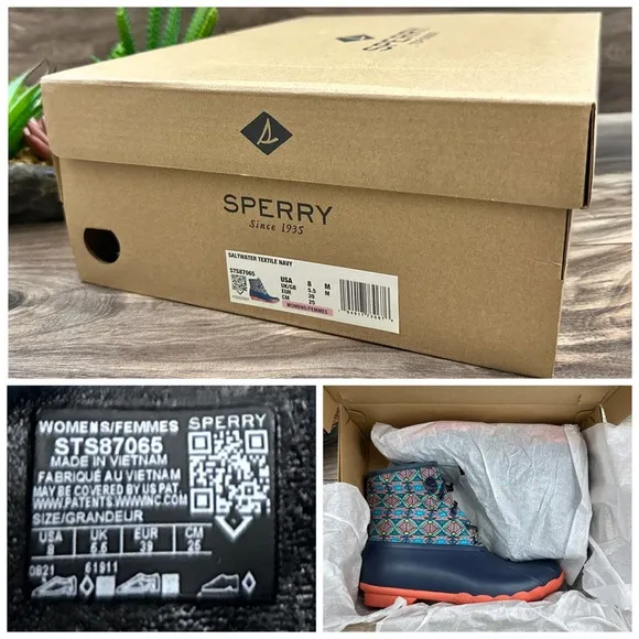 NIB Sperry Saltwater Serape Textile Geometric Navy Waterproof Duck Rain Boots
