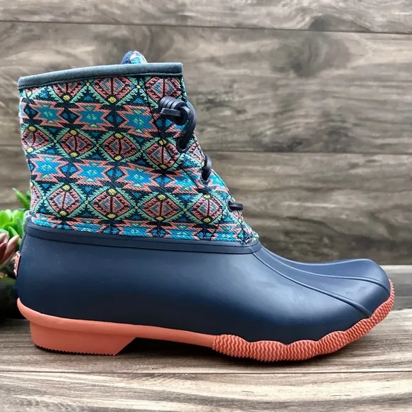 NIB Sperry Saltwater Serape Textile Geometric Navy Waterproof Duck Rain Boots