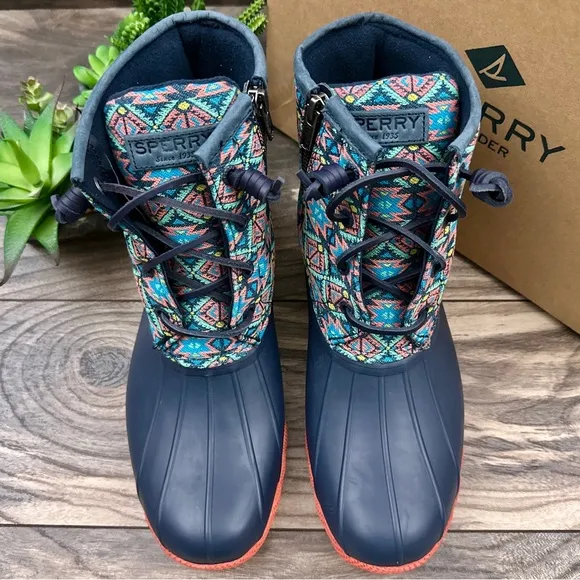 NIB Sperry Saltwater Serape Textile Geometric Navy Waterproof Duck Rain Boots