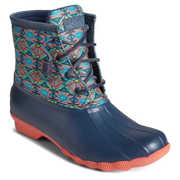 NIB Sperry Saltwater Serape Textile Geometric Navy Waterproof Duck Rain Boots