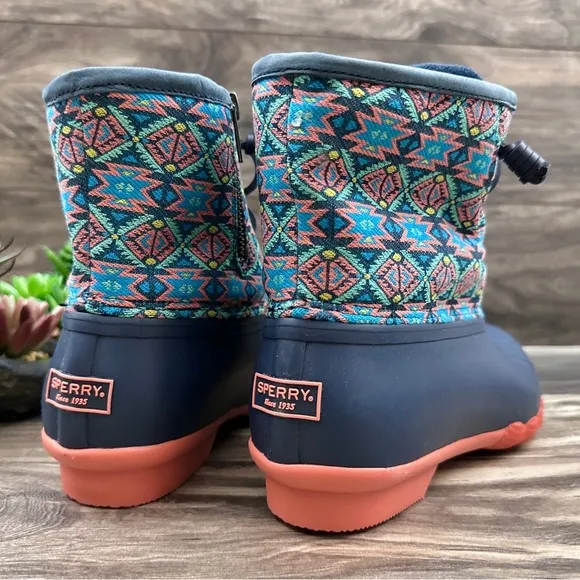 NIB Sperry Saltwater Serape Textile Geometric Navy Waterproof Duck Rain Boots