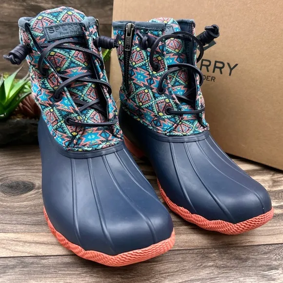 NIB Sperry Saltwater Serape Textile Geometric Navy Waterproof Duck Rain Boots