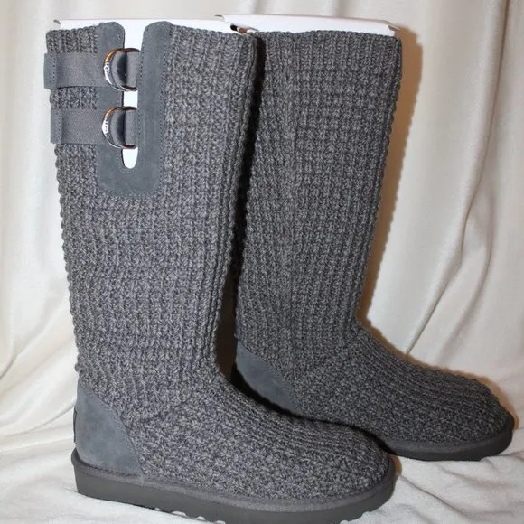 NIB‎ UGG WOMEN'S SOLENE TALL KNIT SWEATER BOOTS GRAY