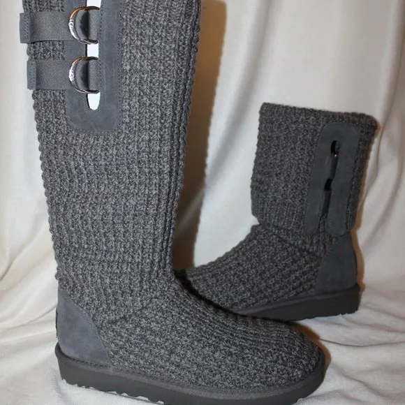 NIB‎ UGG WOMEN'S SOLENE TALL KNIT SWEATER BOOTS GRAY