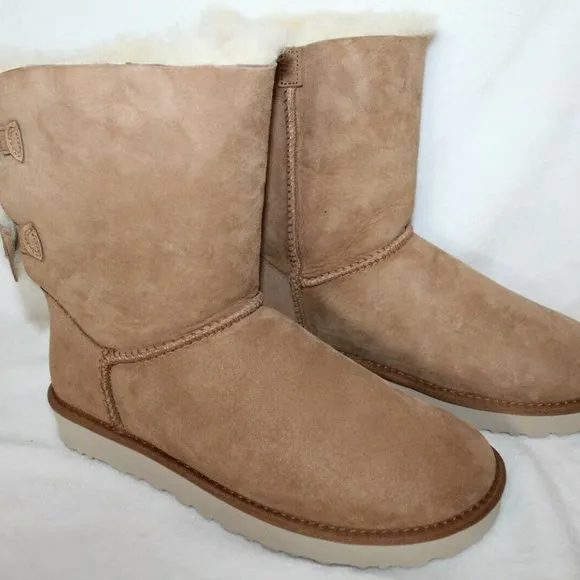 NIB WOMEN'S UGG MEILANI CLASSIC‎ SHORT SUEDE BOW SHEARLING BOOTS  CHESTNUT