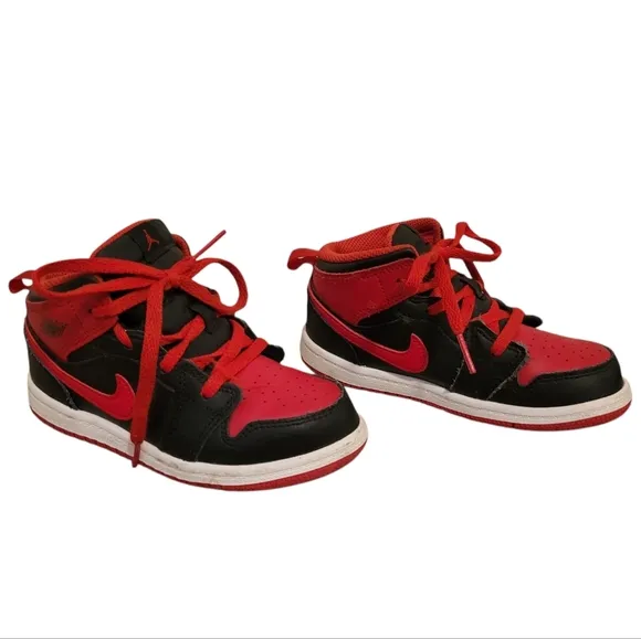 Nike Jordan 1 Mid Sneakers Shoes Red Black Toddler / Little Kid 10 C High Top