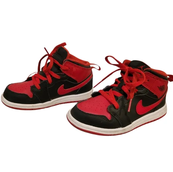 Nike Jordan 1 Mid Sneakers Shoes Red Black Toddler / Little Kid 10 C High Top