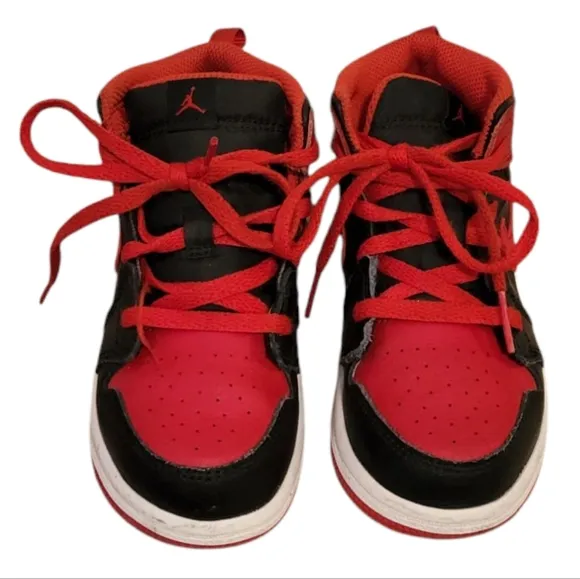 Nike Jordan 1 Mid Sneakers Shoes Red Black Toddler / Little Kid 10 C High Top