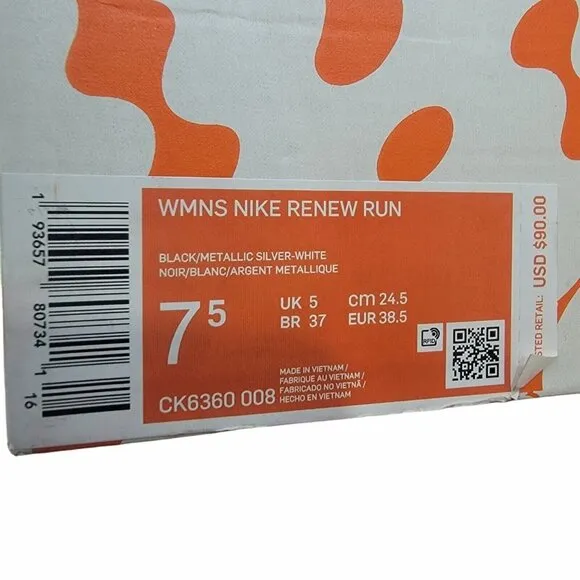 🤩Nike Renew Run Running shoes 7.5 Women Sneaker  Black White Silver CK6360-008