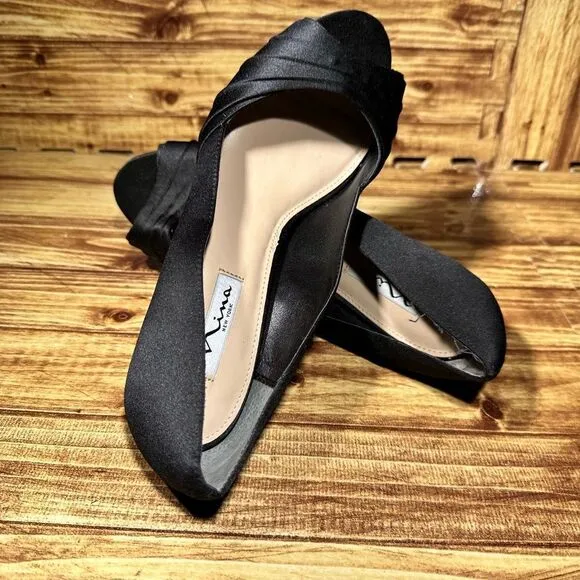 Nina New York Shoes Womens 10 M Kitten Heels Pump Slip On Black Leather Open Toe