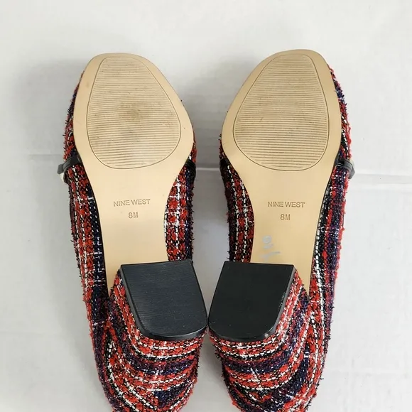 Nine West Red Plaid Slip-on Block Heel Loafers Shoes Size 8