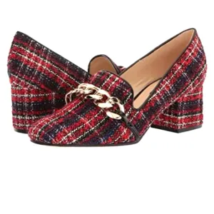Nine West Red Plaid Slip-on Block Heel Loafers Shoes Size 8