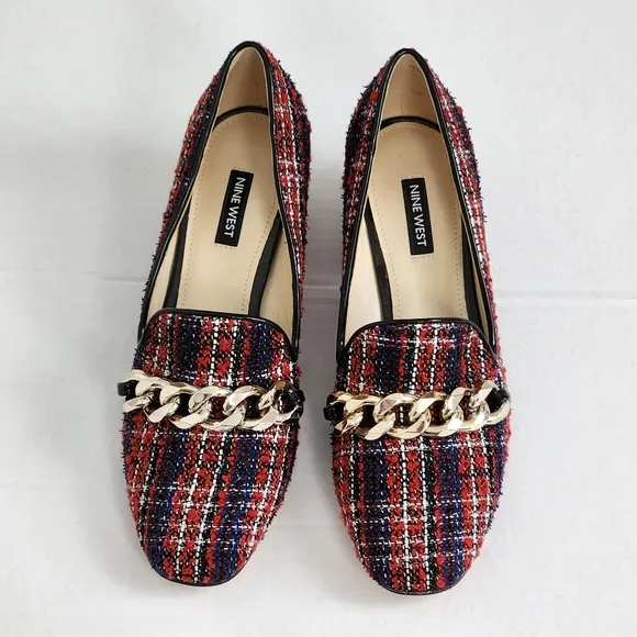 Nine West Red Plaid Slip-on Block Heel Loafers Shoes Size 8