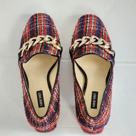 Nine West Red Plaid Slip-on Block Heel Loafers Shoes Size 8