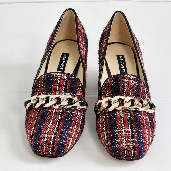 Nine West Red Plaid Slip-on Block Heel Loafers Shoes Size 8