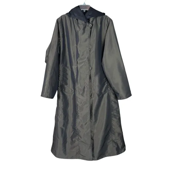 Nordstrom Iridescent Olive Green &amp; Black Reversible Hooded Maxi Rain Coat Small