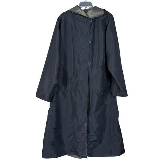 Nordstrom Iridescent Olive Green &amp; Black Reversible Hooded Maxi Rain Coat Small