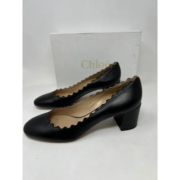 NWB CHLOE Women's Slip On Black Scalloped Leather Pumps US 11B EUR 41 ITALY $575