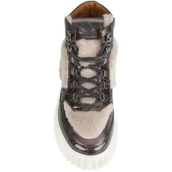 NWB Voile Blanche Eva Crocodile-Embossed Leather &amp; Shearling Hiking Boots 11/41