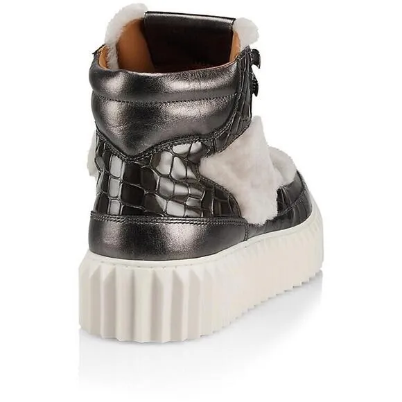 NWB Voile Blanche Eva Crocodile-Embossed Leather &amp; Shearling Hiking Boots 11/41
