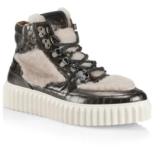 NWB Voile Blanche Eva Crocodile-Embossed Leather &amp; Shearling Hiking Boots 11/41