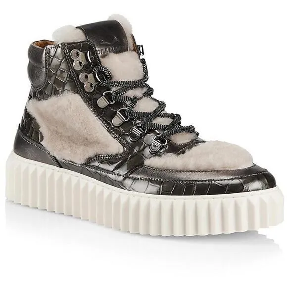 NWB Voile Blanche Eva Crocodile-Embossed Leather &amp; Shearling Hiking Boots 11/41