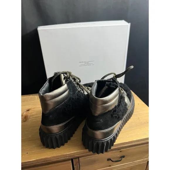 NWB Voile Blanche Eva METALLIC Leather &amp; BLACK Shearling Hiking Boots 11/41