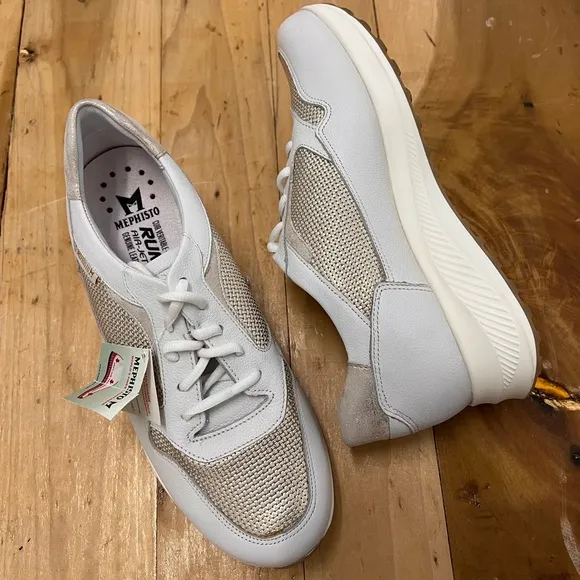 NWOB $269 Mephisto Karin Gold and White Comfort Sneaker