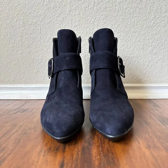 NWOB AQUATALIA Deena Water Resistant Heeled Booties in Suede Navy