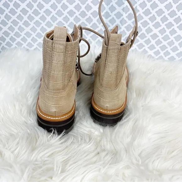 NWOB Marc Fisher Izzie Lugsole Lace Up Ankle Boots in Natural Croc Suede