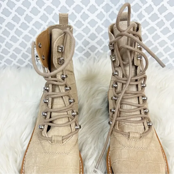NWOB Marc Fisher Izzie Lugsole Lace Up Ankle Boots in Natural Croc Suede