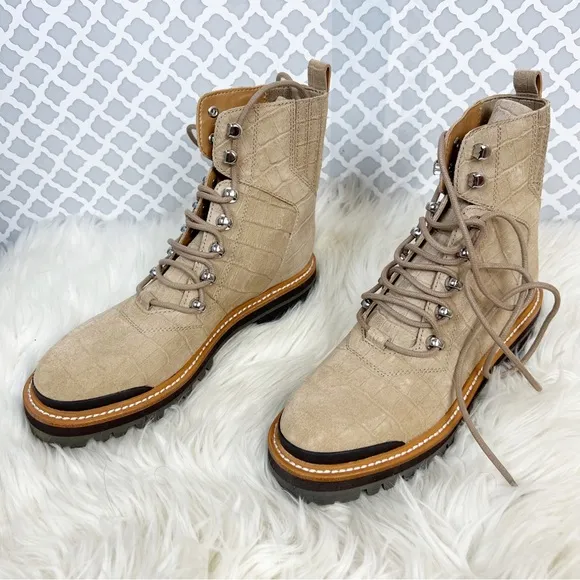 NWOB Marc Fisher Izzie Lugsole Lace Up Ankle Boots in Natural Croc Suede